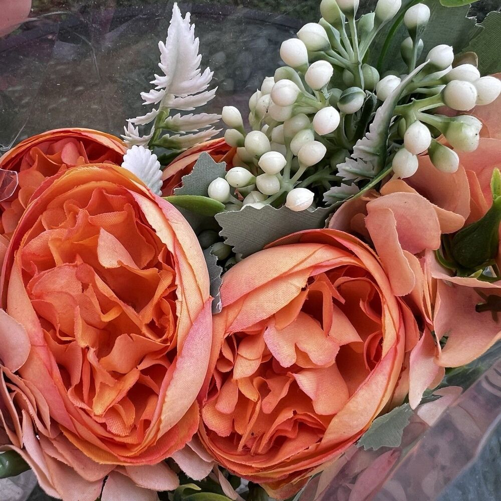 Artificial Flowers Bouquet Orange Faux Silk Peony Roses Berries 10" Stem